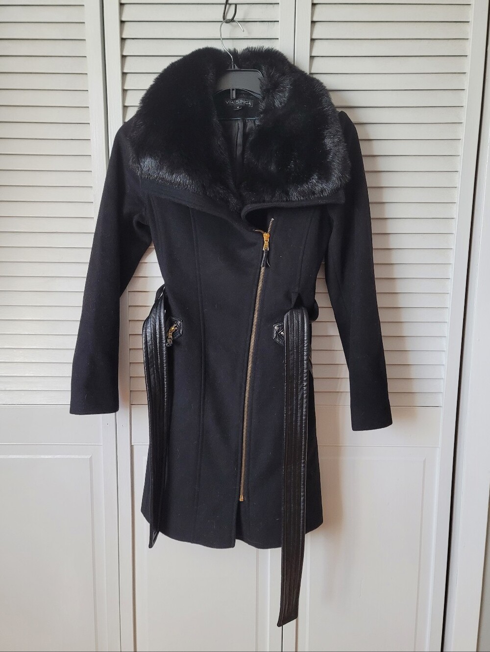 VIA SPIGA Wool-Blend Asymmetrical Faux Fur Collar Wrap Coat, Size 4